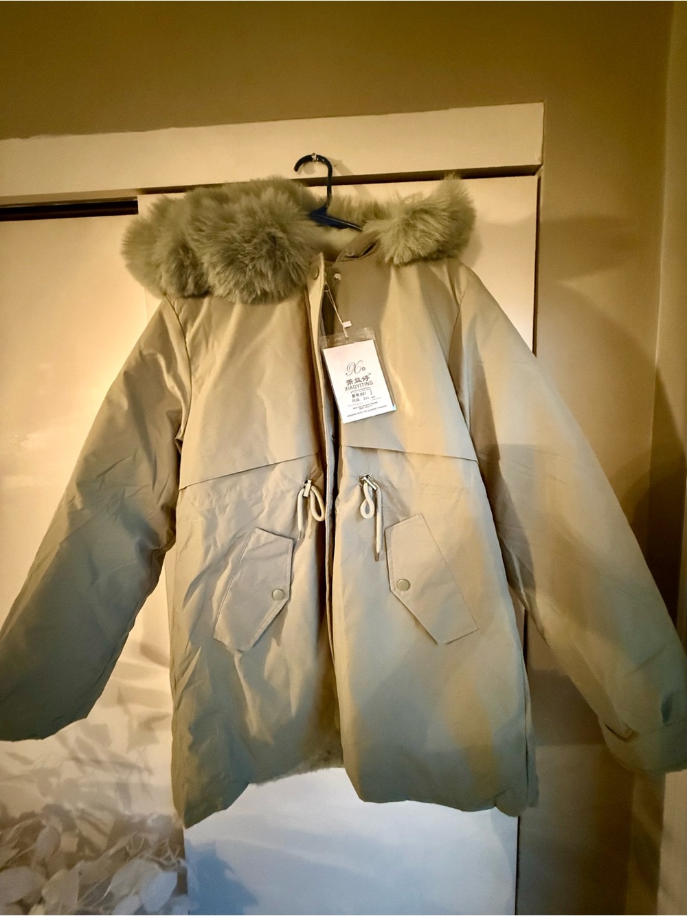 Women’s Fur Trim Puffer Parka Jacket in Beige